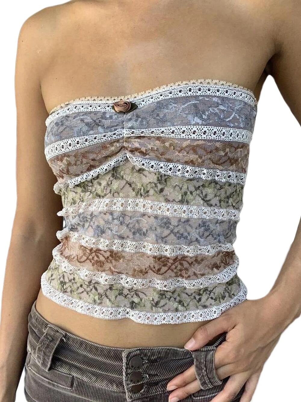 Women’s Small Sheer Floral Lace Mesh Tube Top Bandeau Boho Fairy Cottagecore
